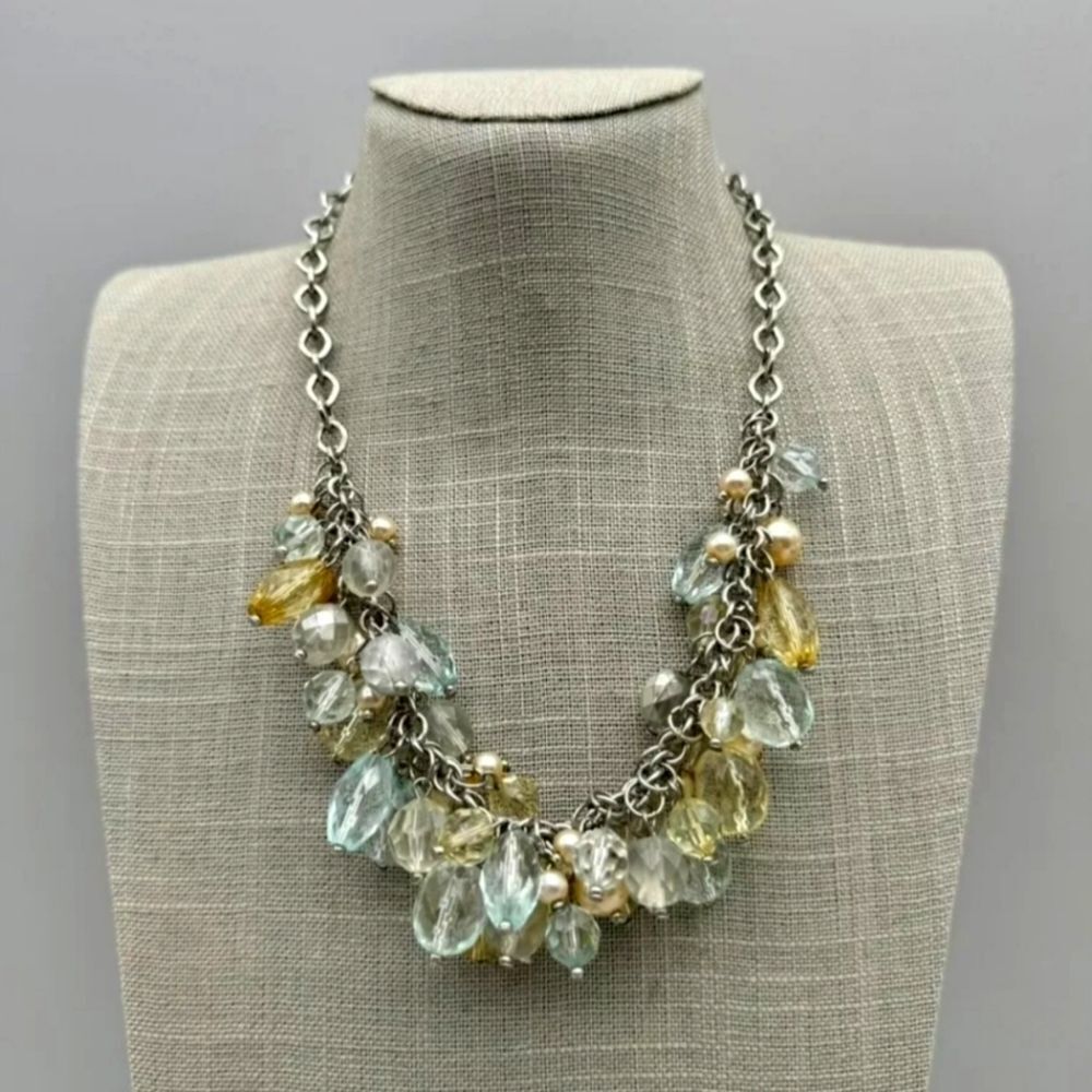 NY Necklace Blue Green Pastel Translucent Beaded Bib Necklace Silver Tone 18"